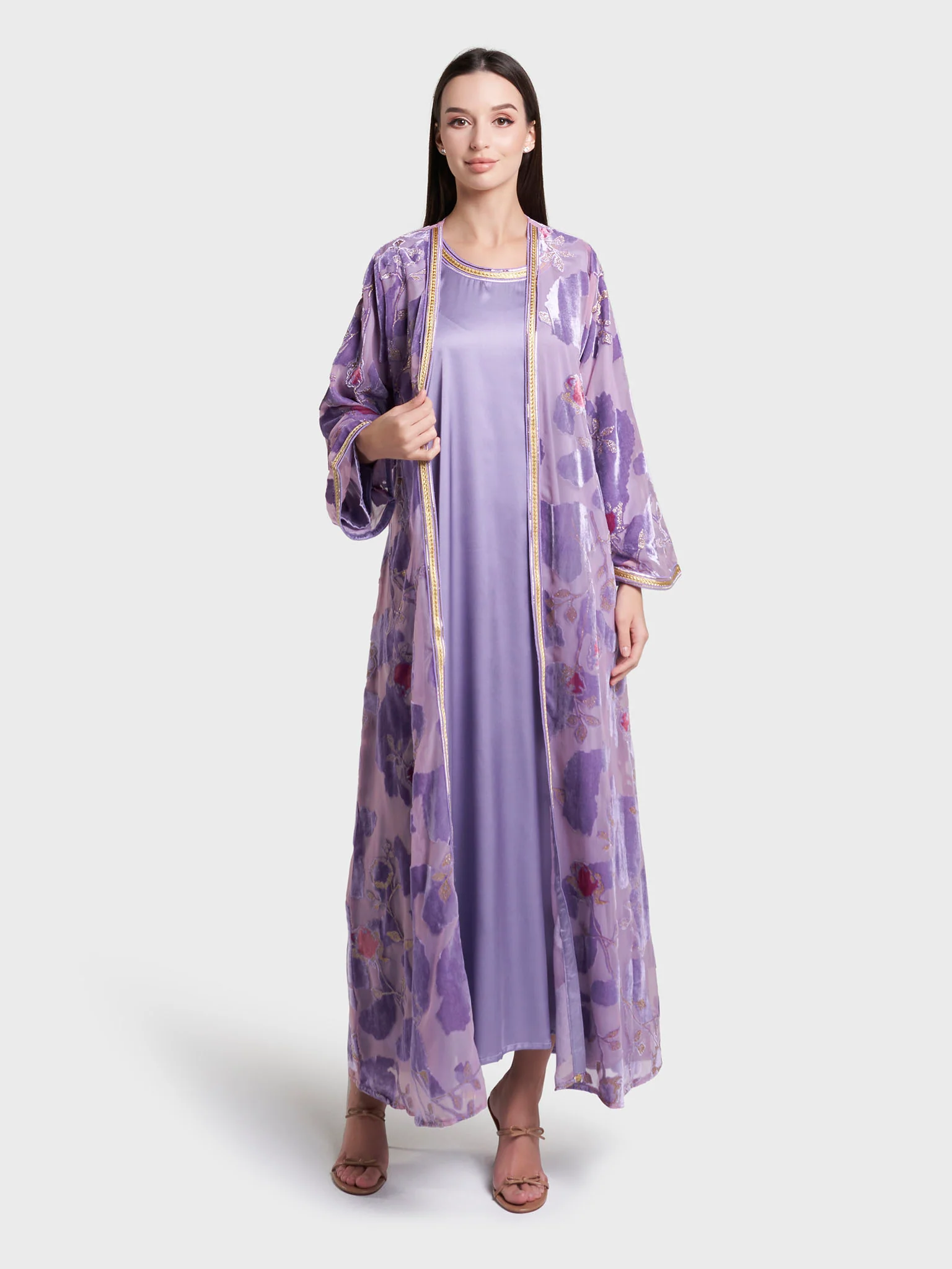Peach & Purple Self Print Velvet Flower Hand Work Kimono (RIZ16) - Image 8