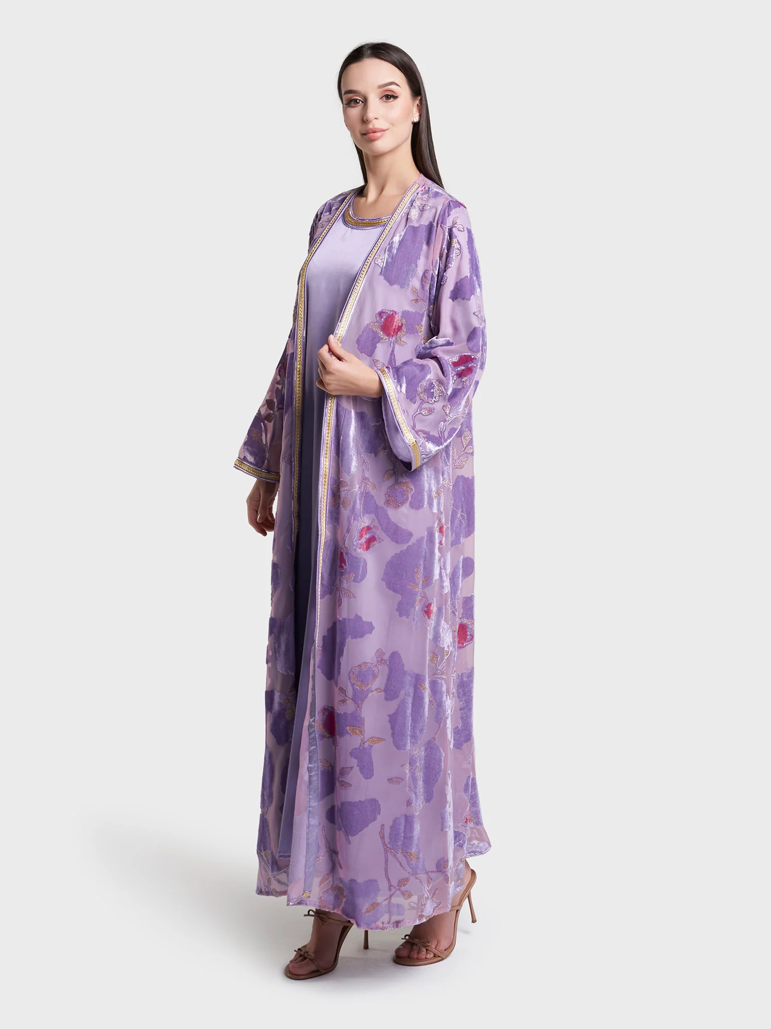 Peach & Purple Self Print Velvet Flower Hand Work Kimono (RIZ16) - Image 9