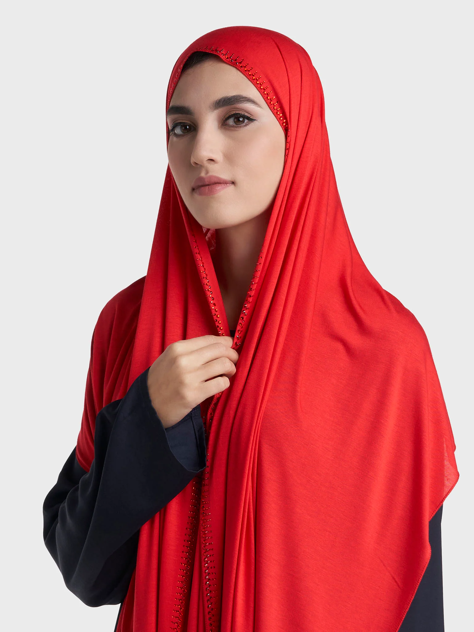 Plain Jersey Hijab with Crown Stone Line Border (KP18160L) - Image 100