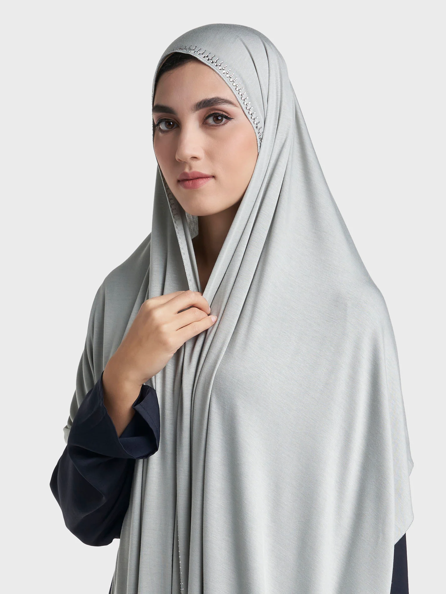 Plain Jersey Hijab with Crown Stone Line Border (KP18160L) - Image 4